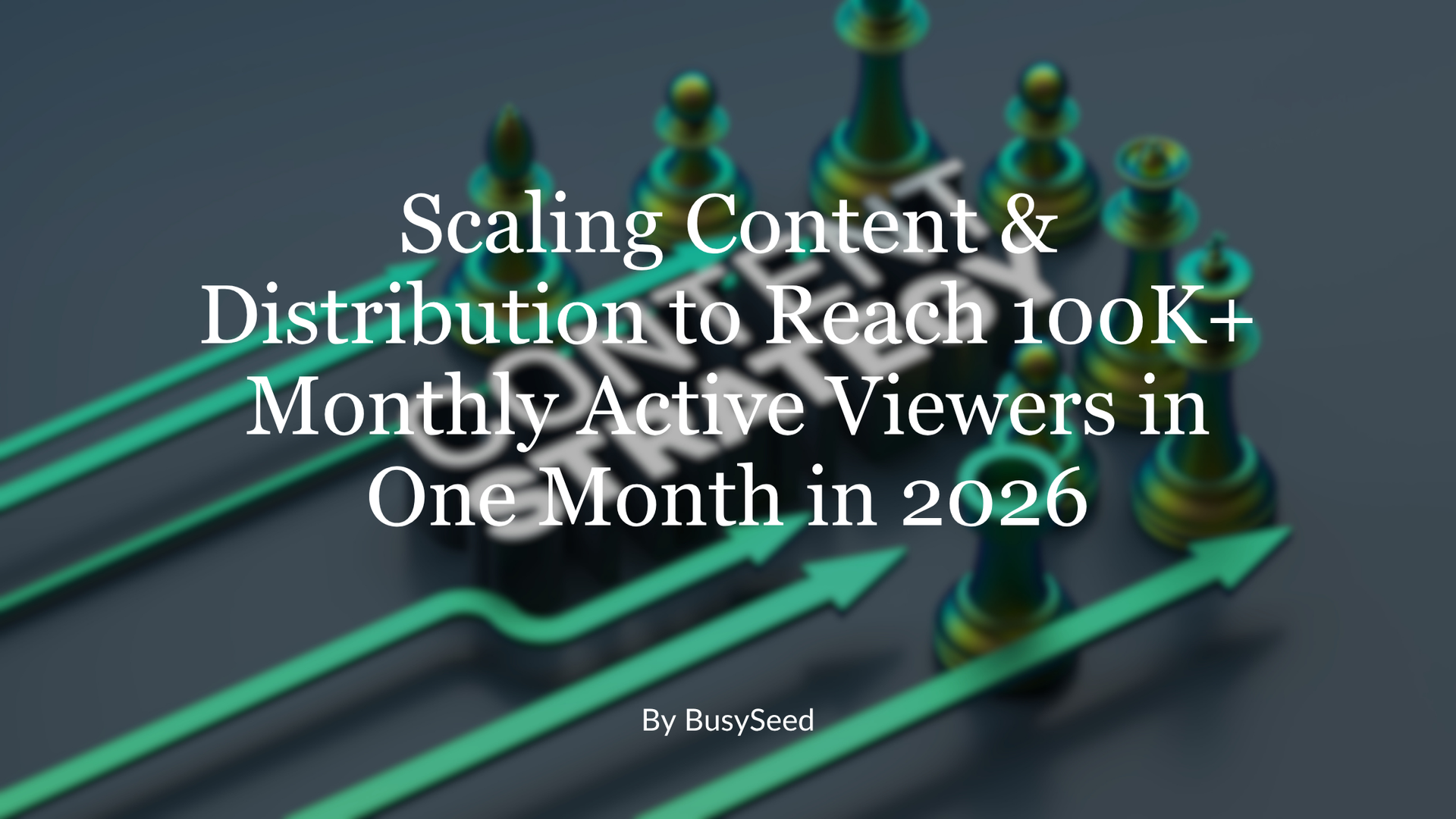 Presentation slide with green network graphic and title about scaling content to 100k+ monthly active viewers in 2026