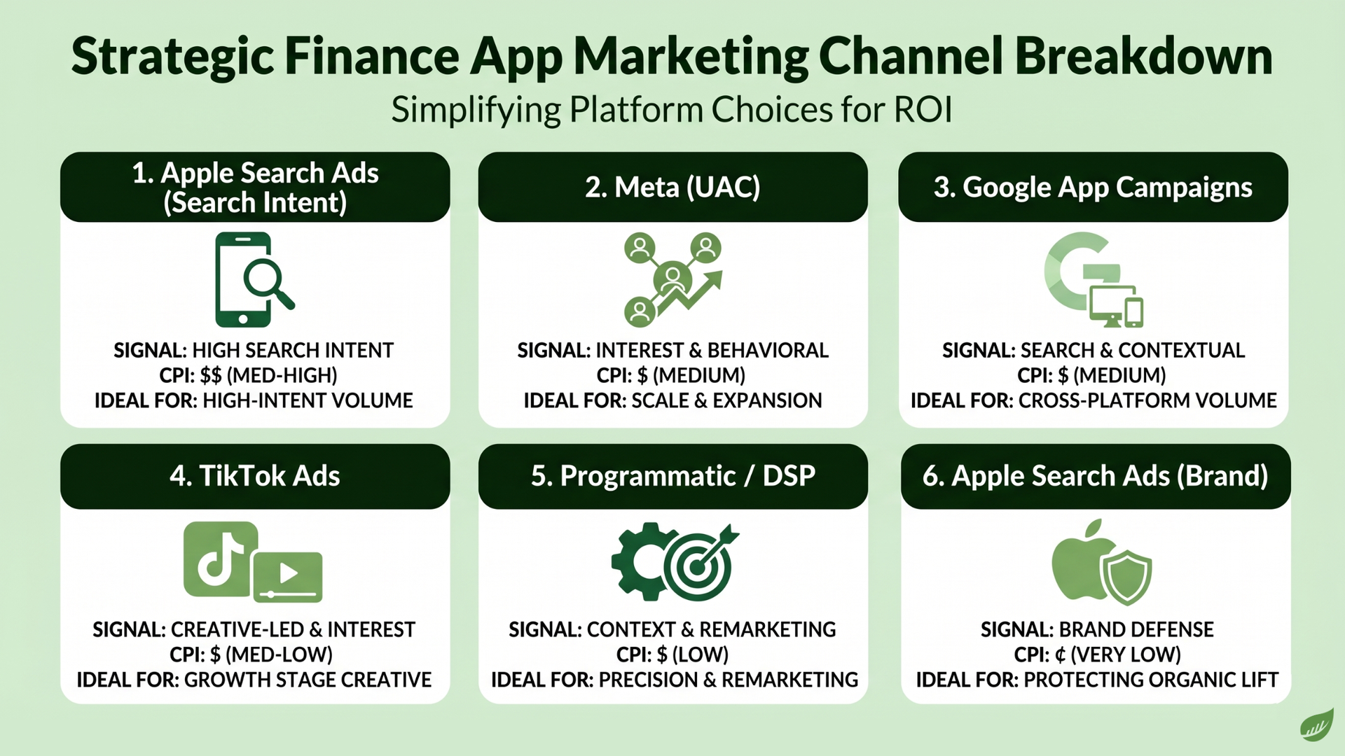 Strategic finance app marketing channel breakdown infographic with six green-and-white channel tiles and icons