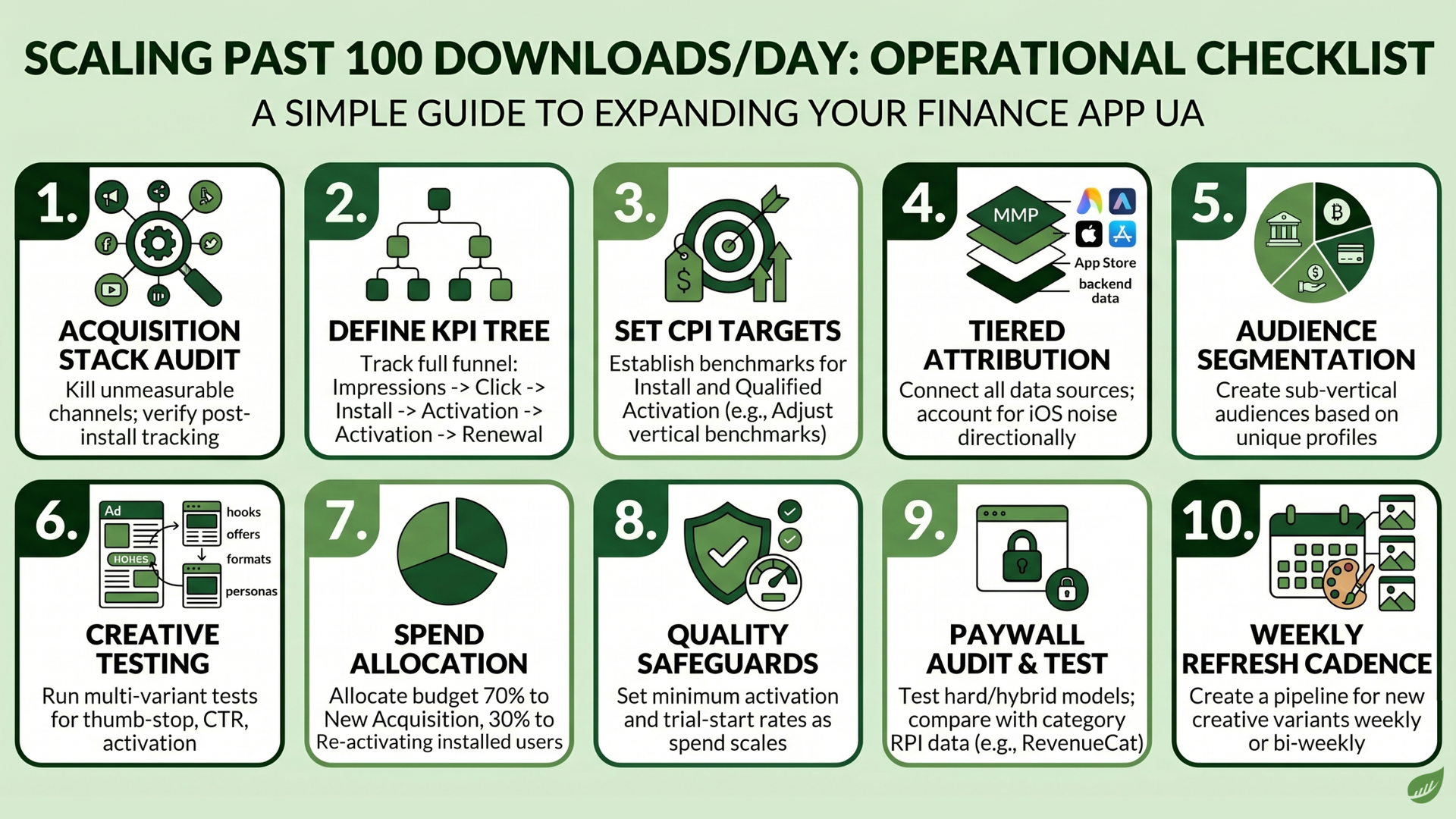Infographic titled “Scaling Past 100 Downloads/Day” showing 10 finance app growth checklist steps in green boxes.