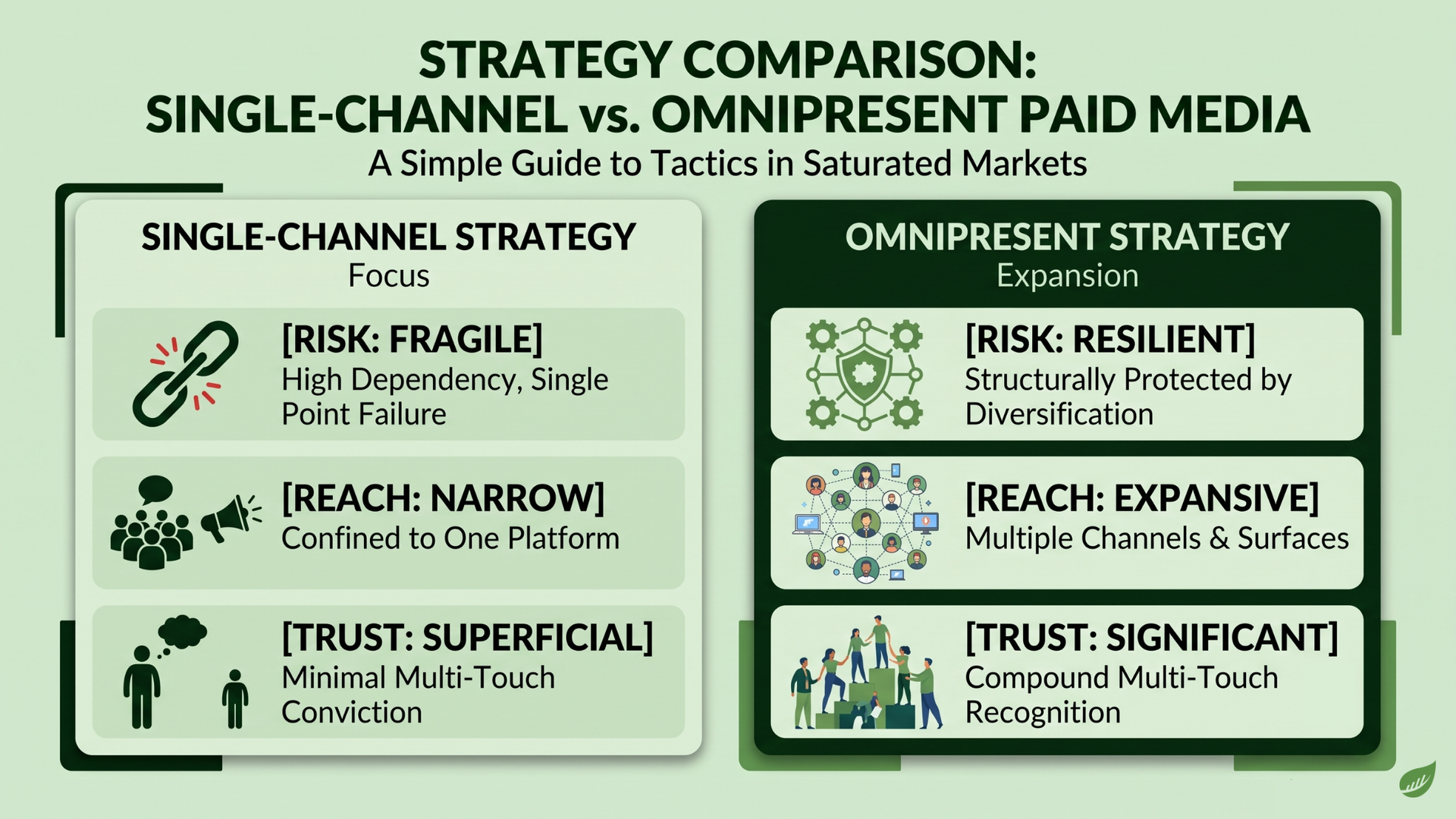 Infographic comparing single-channel and omnipresent paid media strategies with risks, reach, and trust.