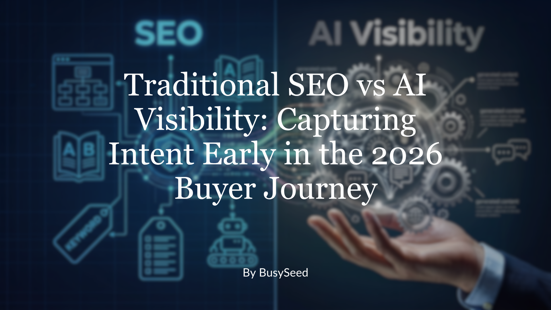 Dark blue SEO graphic with text “Traditional SEO vs AI Visibility: Capturing Intent Early in the 2026 Buyer Journey”