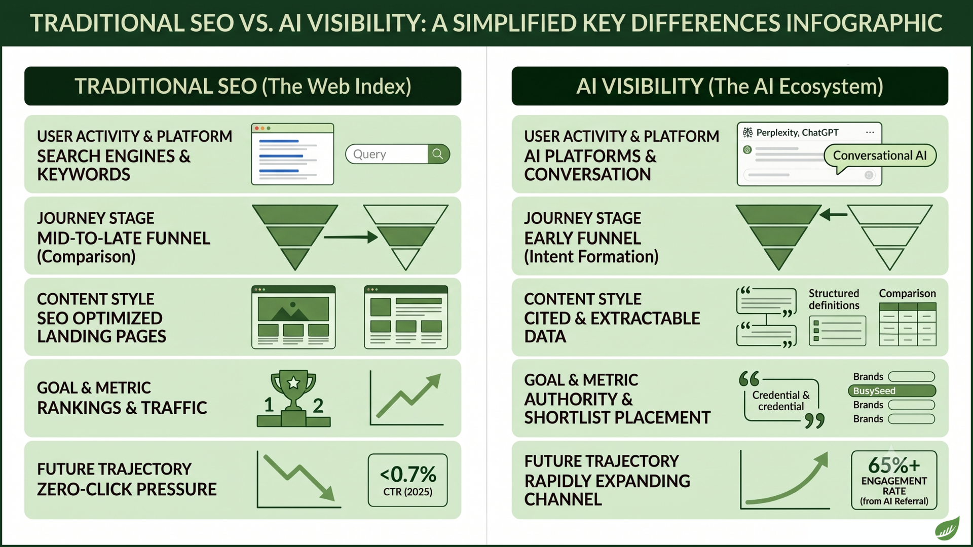 Infographic comparing traditional SEO vs AI visibility in green side-by-side panels with arrows and charts