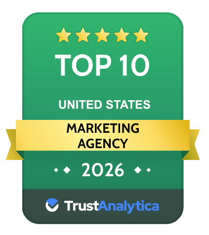 Green TrustAnalytica badge reading "Top 10 United States Marketing Agency 2026" with five stars