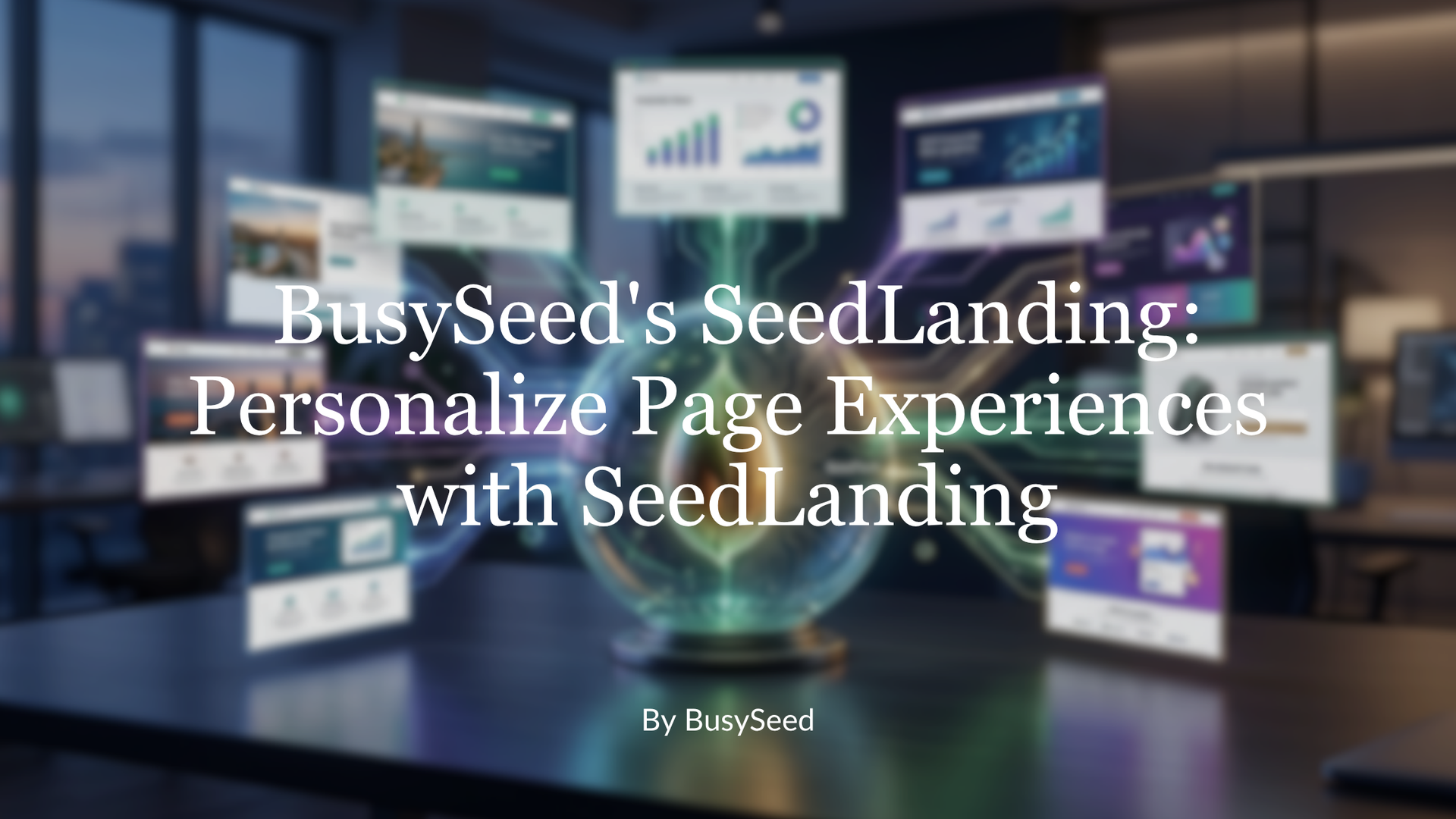 BusySeed SeedLanding title over blurred tech office background with charts and screens
