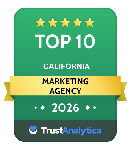 Green and gold “Top 10 California Marketing Agency 2026” TrustAnalytica badge