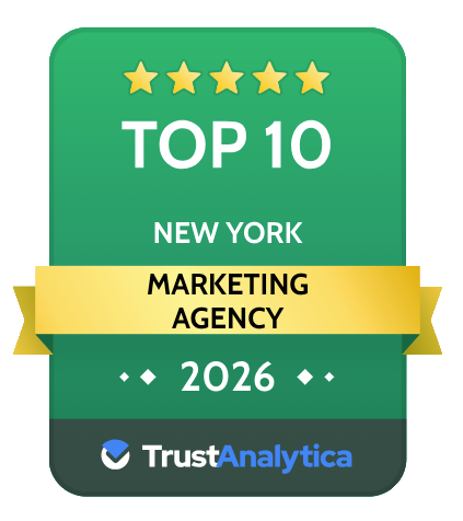 Green TrustAnalytica badge with stars reading “Top 10 New York Marketing Agency 2026”