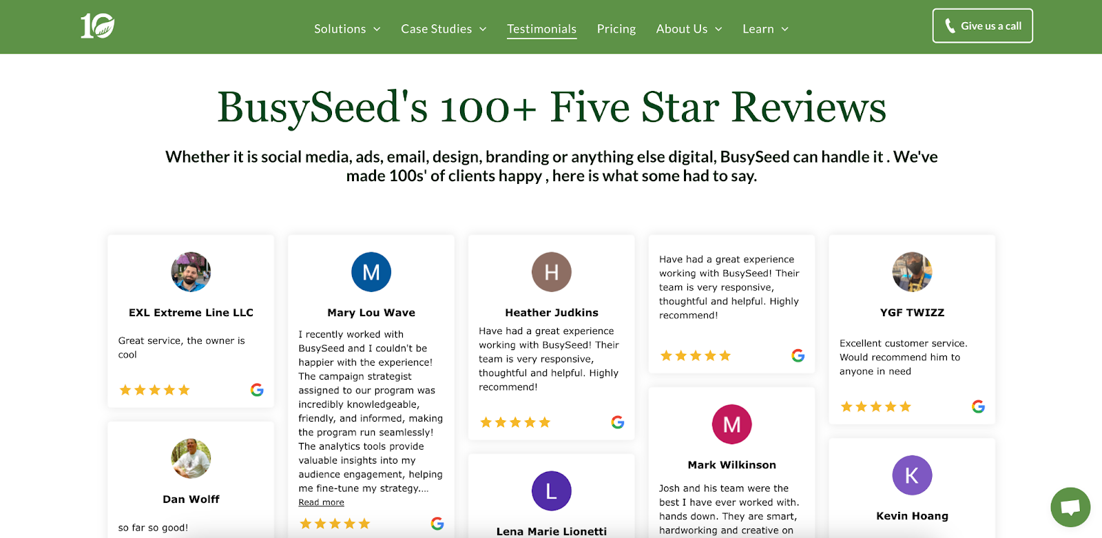 A screenshot of busy seed 's 100+ five star reviews website.