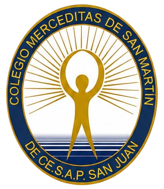 Emblema escolar redondo de color azul y dorado del Colegio Merceditas de San Martín, San Juan, con una figura resplandeciente y un sol radiante.