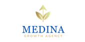 A logo for medina growth agency with a plant and an arrow