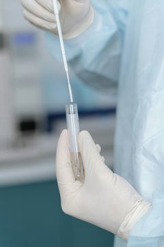 A person wearing gloves is holding a test tube with a needle in it.