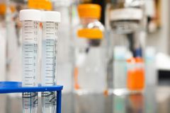 Three test tubes are sitting in a blue rack in a laboratory.