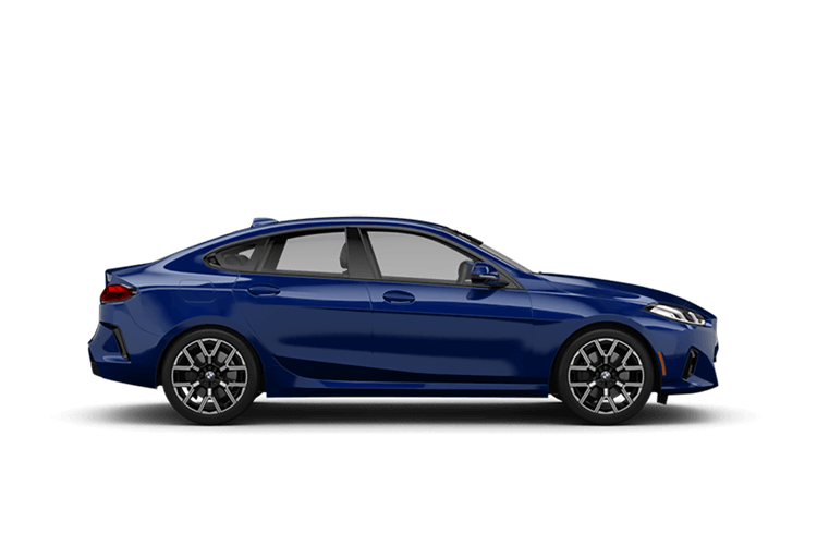 Blue BMW sedan parked on a white background.