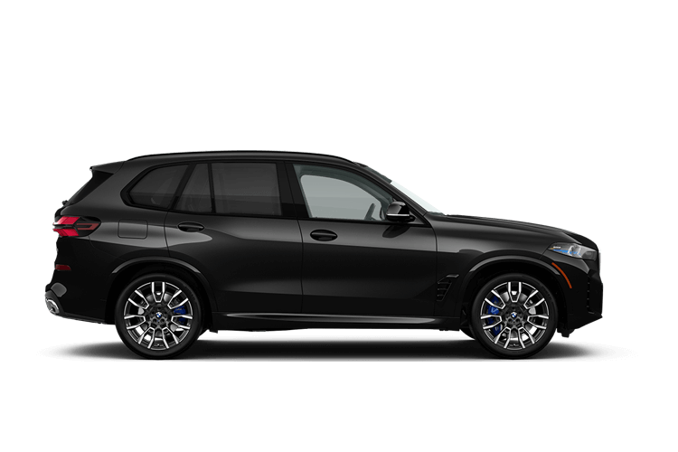 Black BMW X5 SUV with blue brake calipers, side view.
