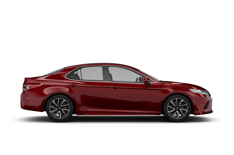 Red Toyota Camry sedan, side view, on a white background.
