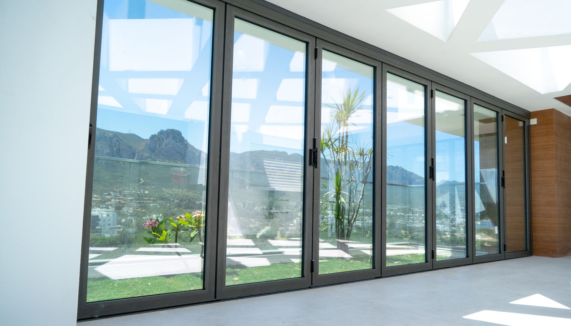Large sliding glass doors showcasing a clear outdoor view with mountains and plants.