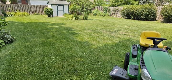 A green lawn mower is parked in the middle of a lush green lawn.