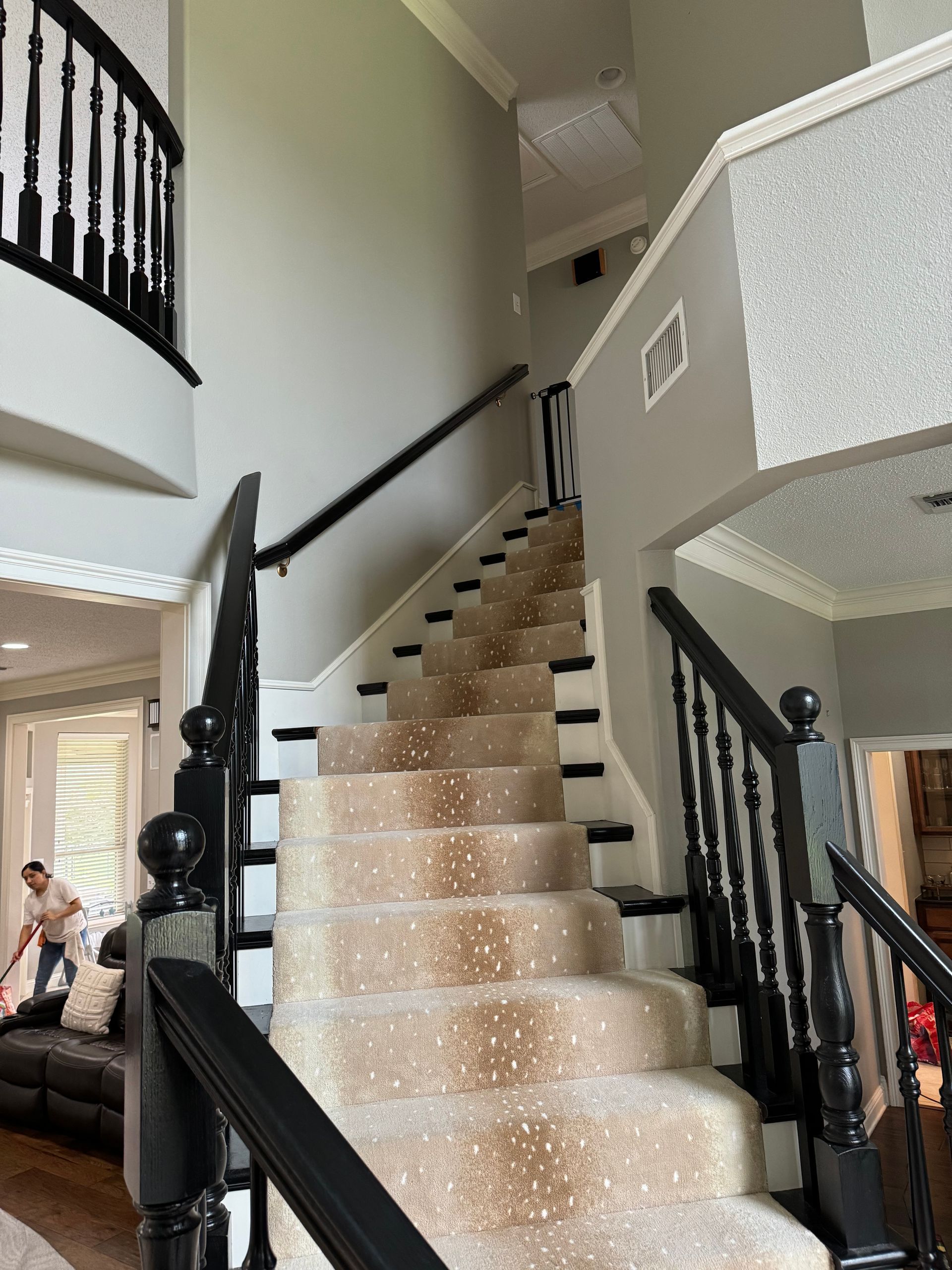 A staircase with a carpeted staircase and a black railing