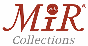 A red and white logo for mir collections