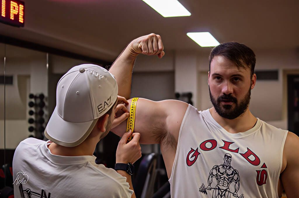 Nicola Voltolina in palestra, con indosso una canottiera nera, seduto con le mani giunte. Attrezzi da palestra visibili sullo sfondo.