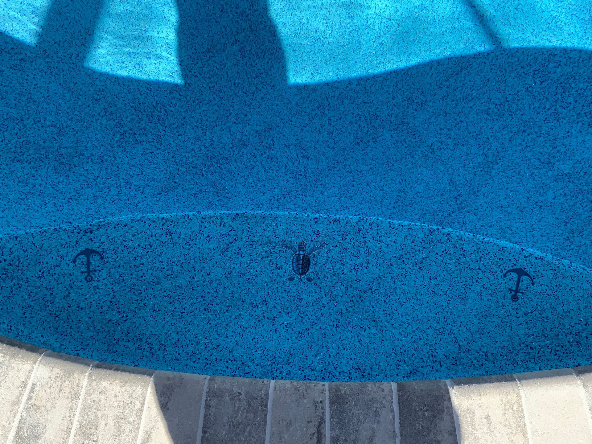 Blue-tiled pool with steps and anchor-shaped features along the curve. The edge is lined with gray stone.