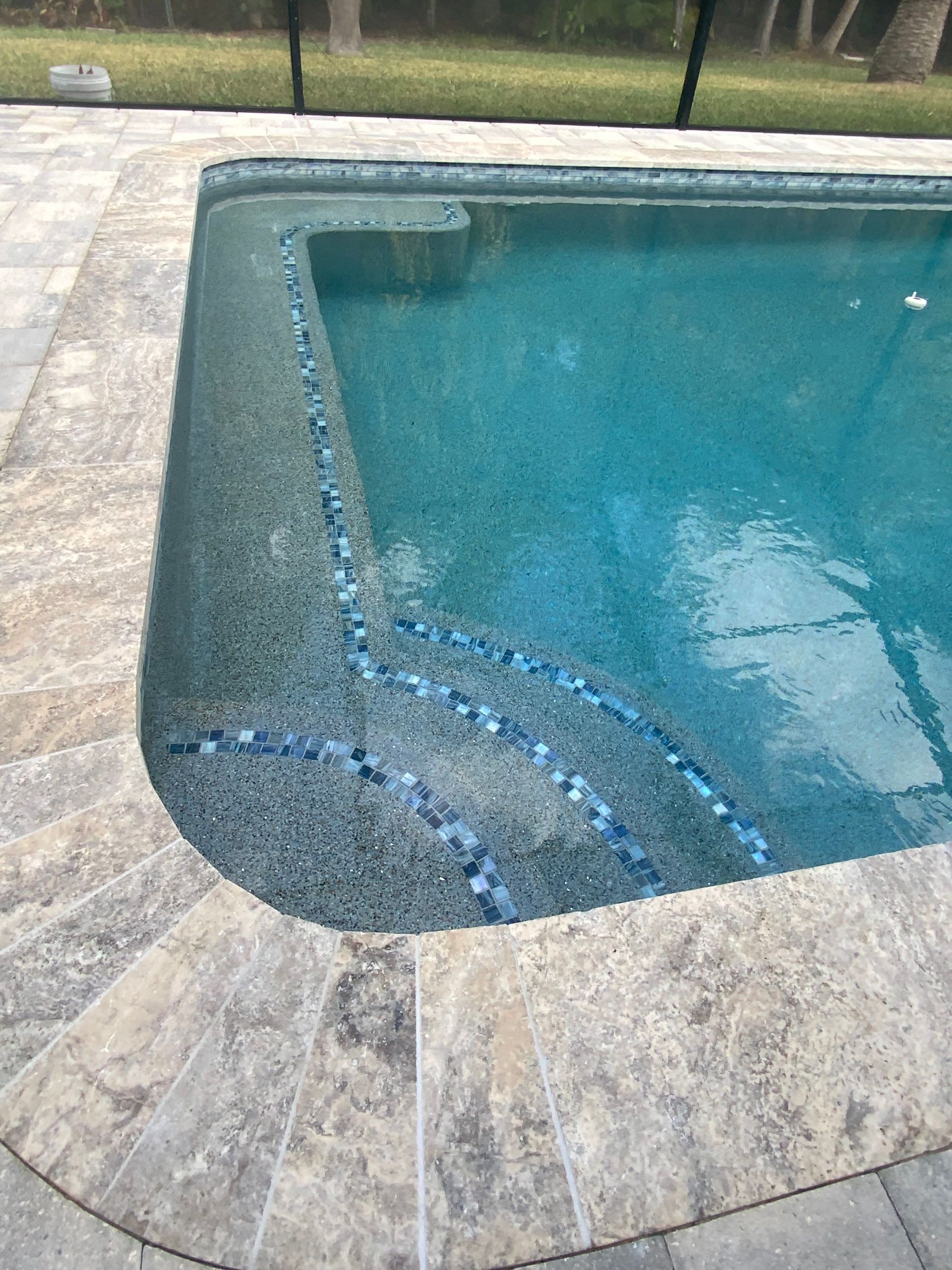 Pool with stone coping and steps, blue water. Dark blue tile accents steps.