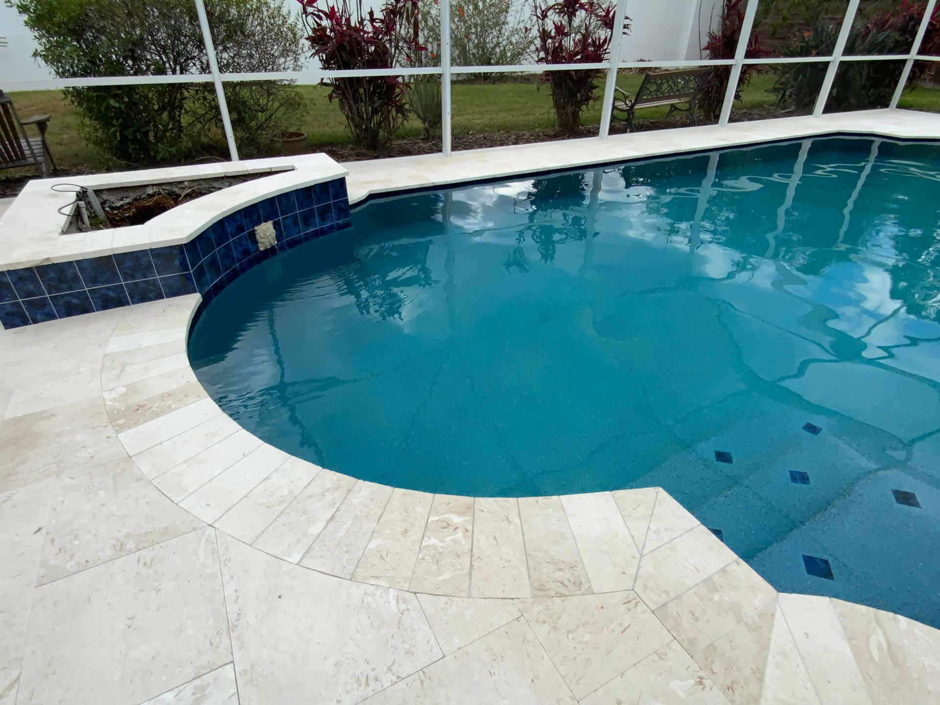 Pool with blue-tiled water and a light stone border, enclosed by a white-framed screen and vegetation in the background.