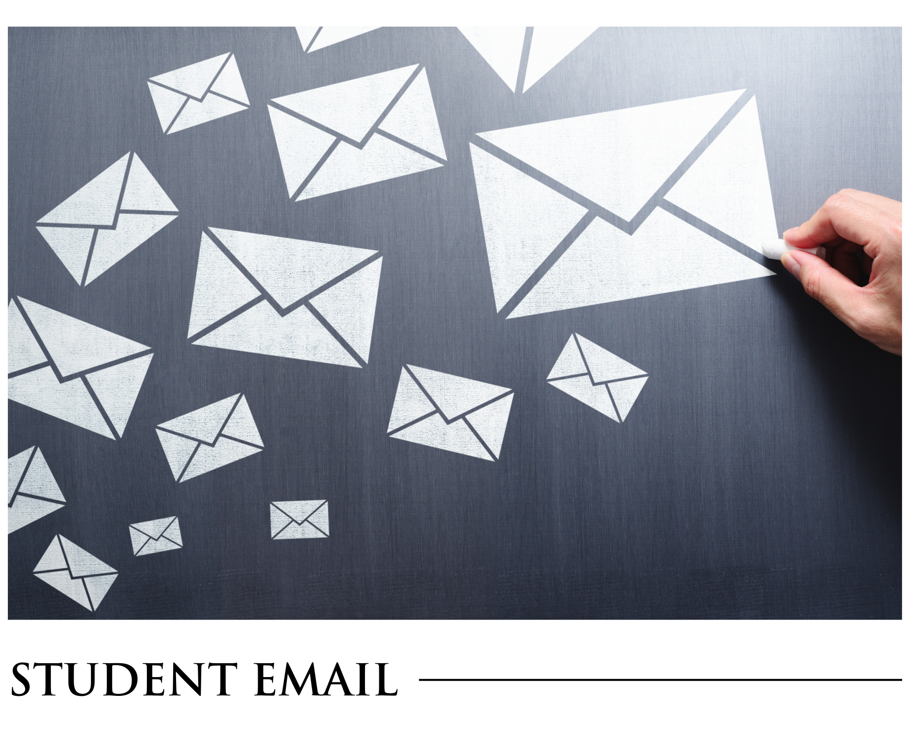 A person is drawing envelopes on a blackboard with the word email below them