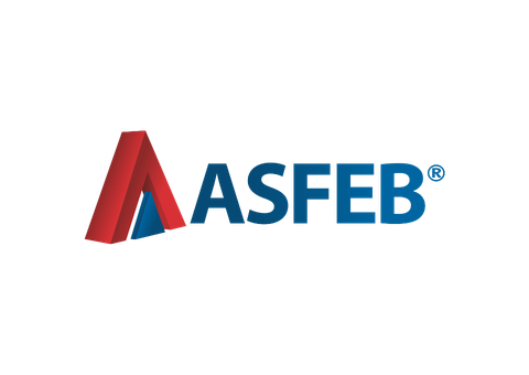 Logotipo da ASFEB com triângulo vermelho e azul e texto azul.