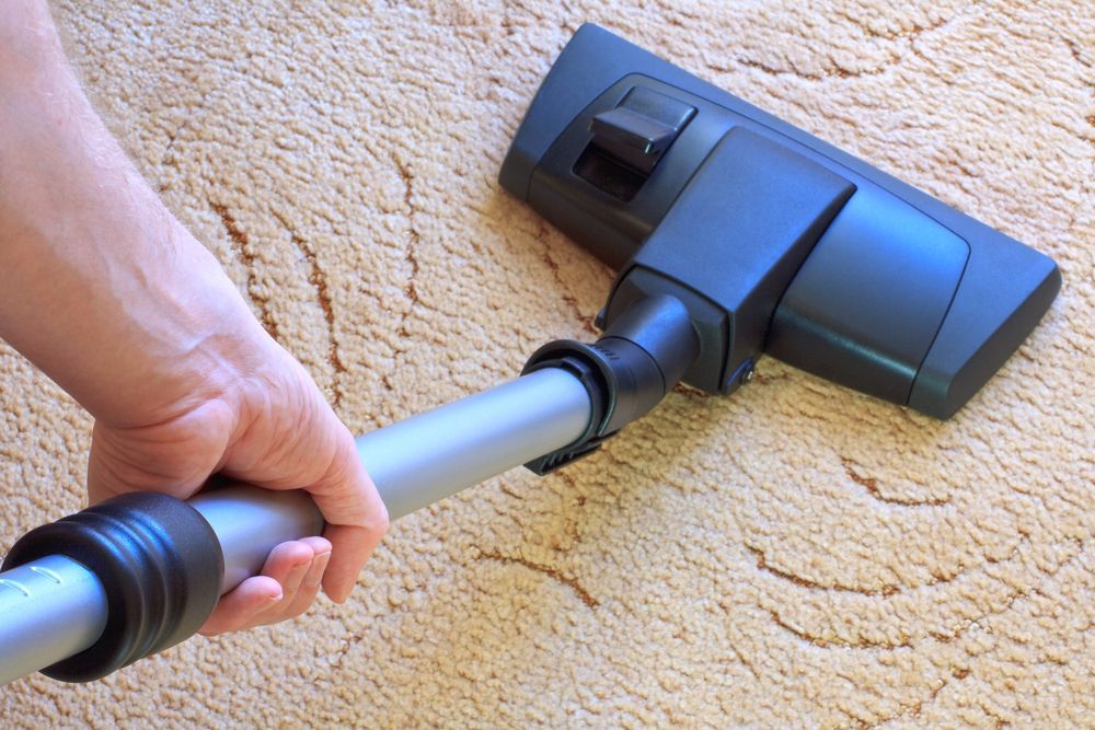 a person is using a vacuum cleaner to clean a carpet .