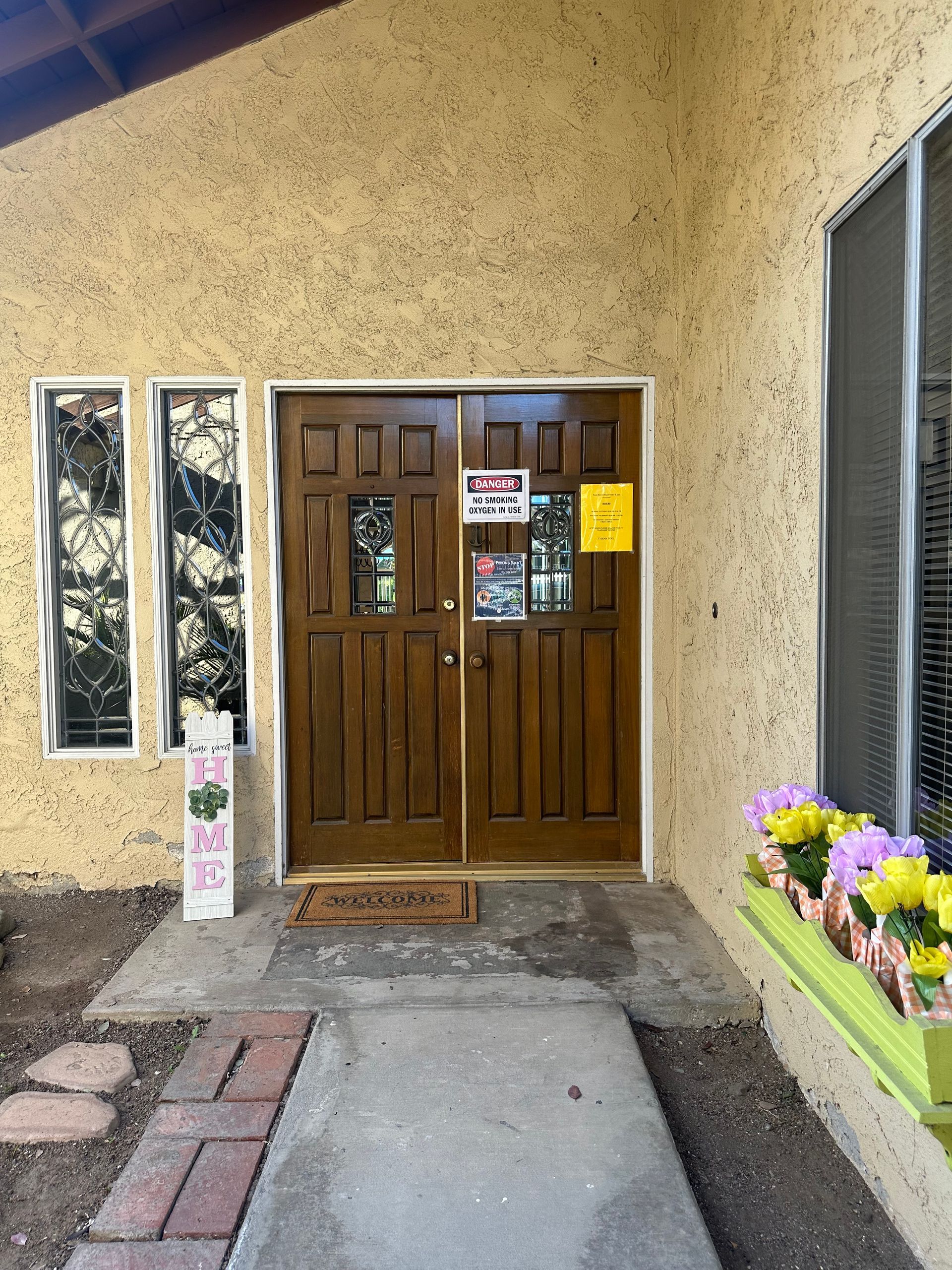 Brown double doors with glass panels, flanked by windows, and a