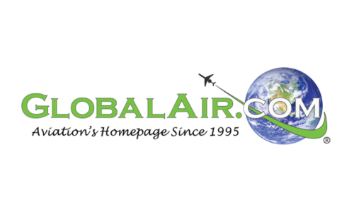 Logo for GlobalAir.com featuring green text, a small airplane flying toward a globe, and the slogan 