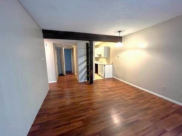 Interior view of a small apartment with wood flooring, kitchen, and doorway to a hallway.