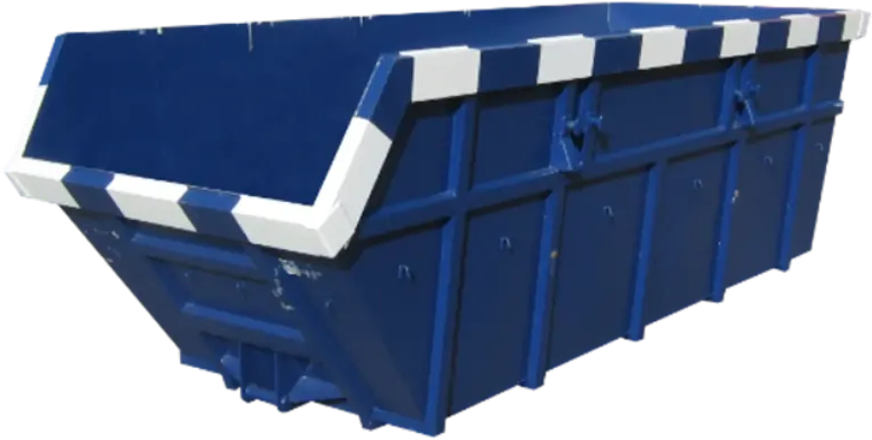 Blue dumpster with white striped trim.