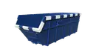 Blue industrial dumpster with white stripes on a white background.