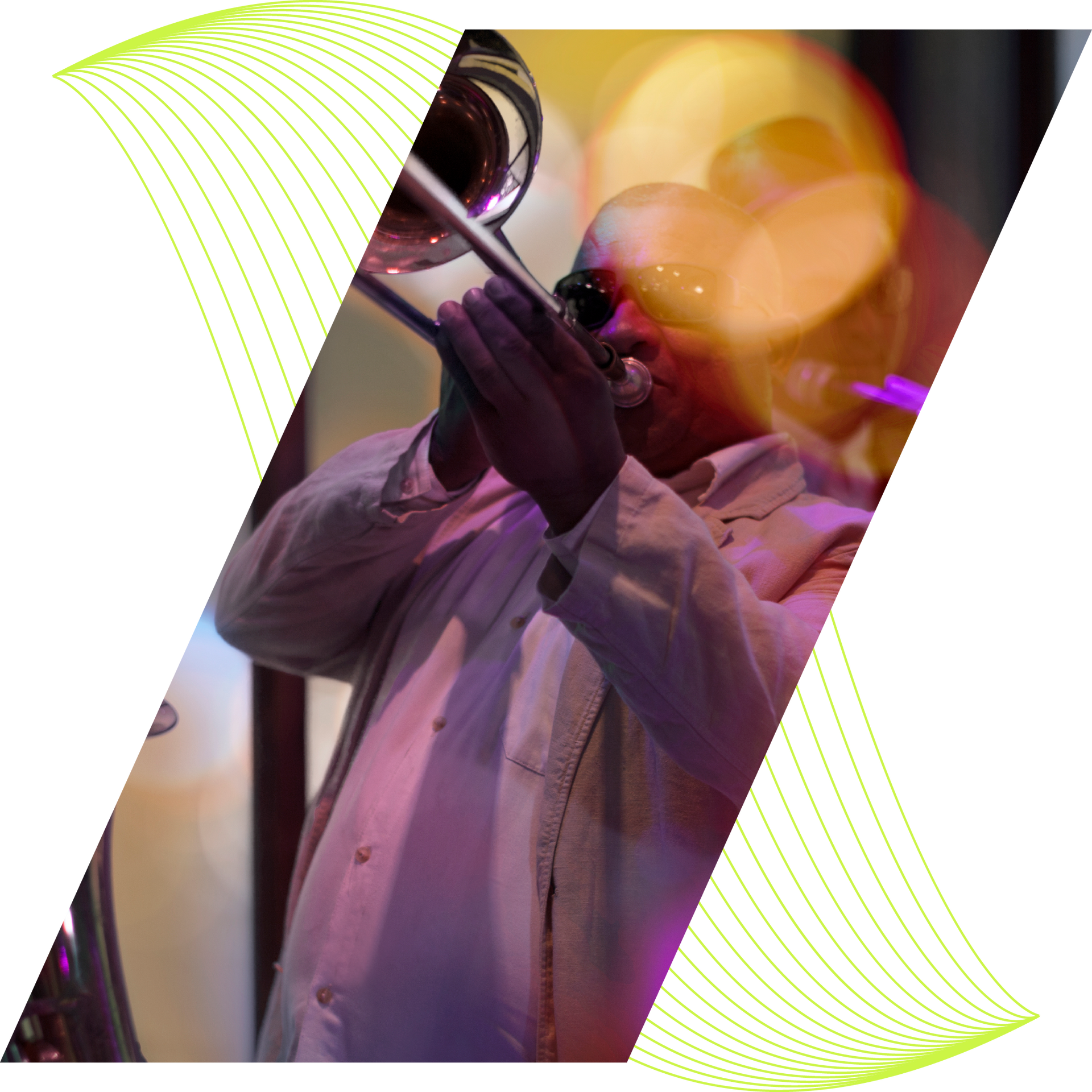 A person in a light-colored suit playing a trombone, framed by a decorative green wave pattern against a dark background.