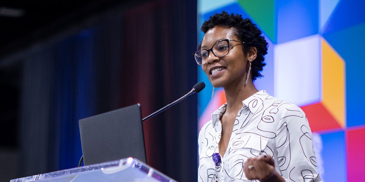 Person presenting at PS-in-3 at APA 2025