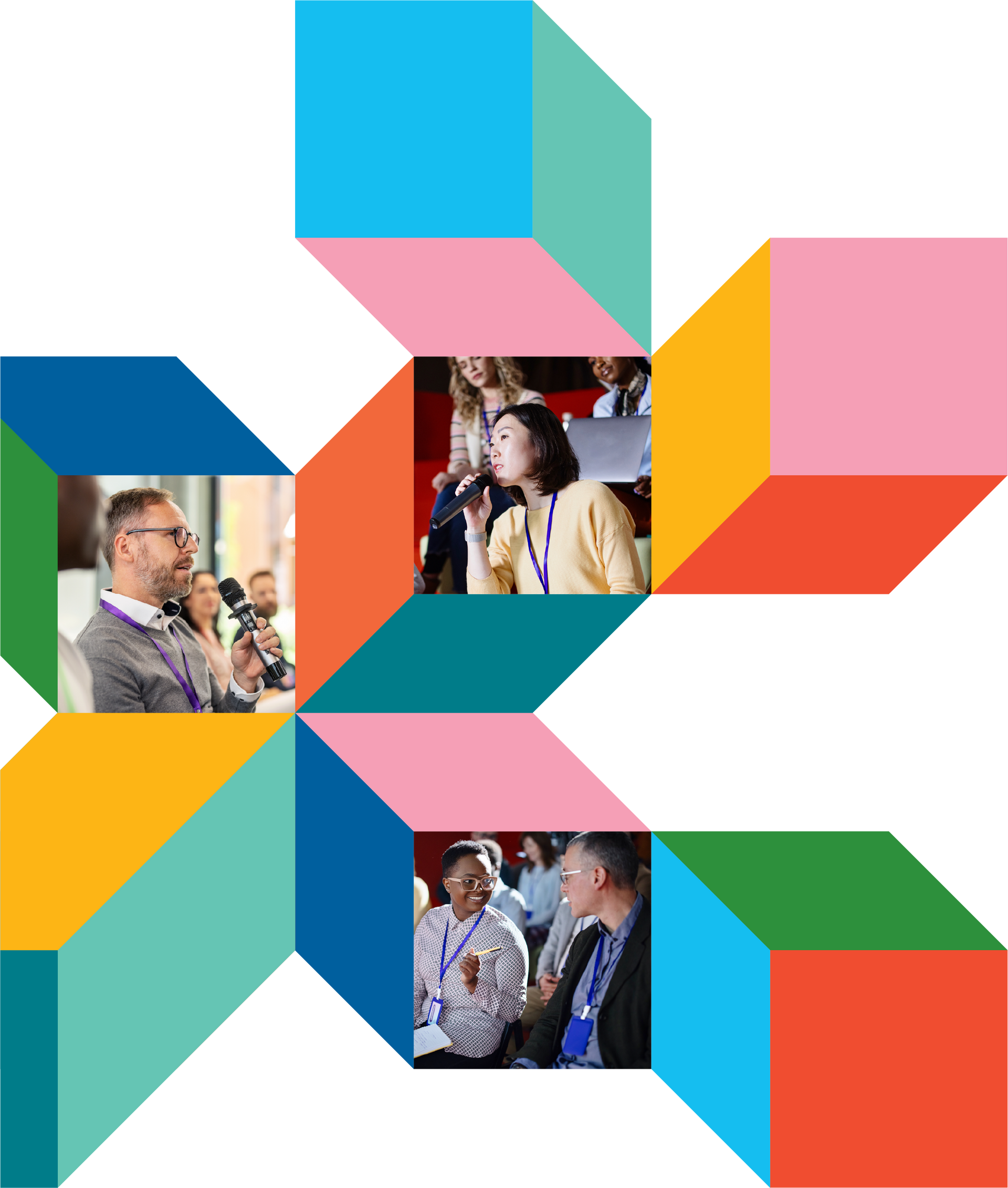 Collage of people using a microphone and speaking to each other