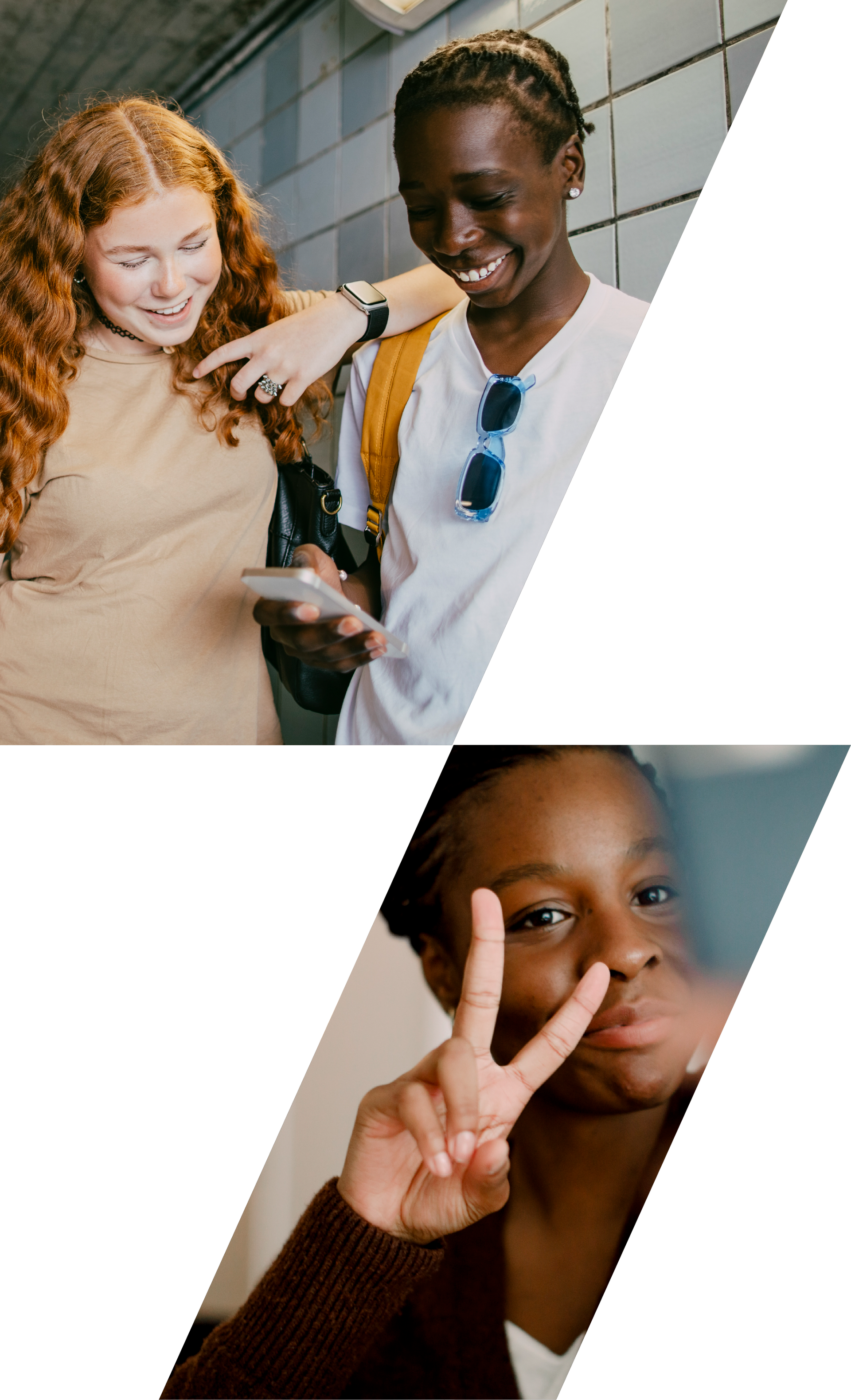 Two angled photos: teens smiling while looking at a smartphone and a teen holding up a peace sign while taking a selfie