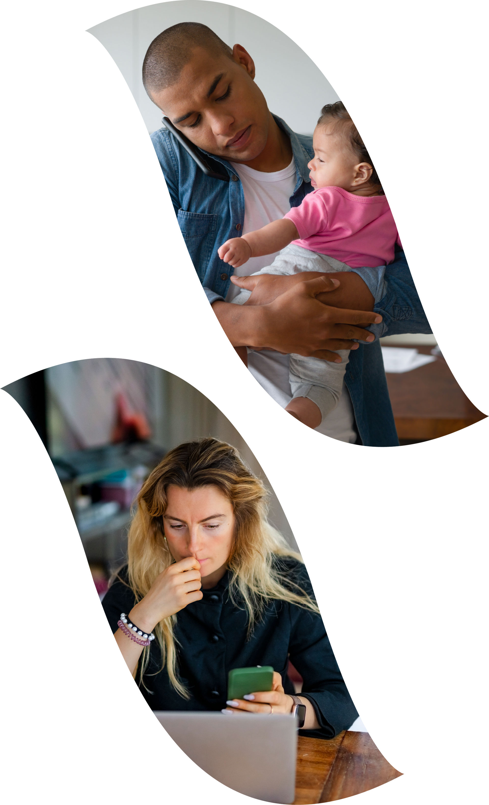 Collage of two curved photos: a man holding a baby and a woman using a smartphone on a laptop.