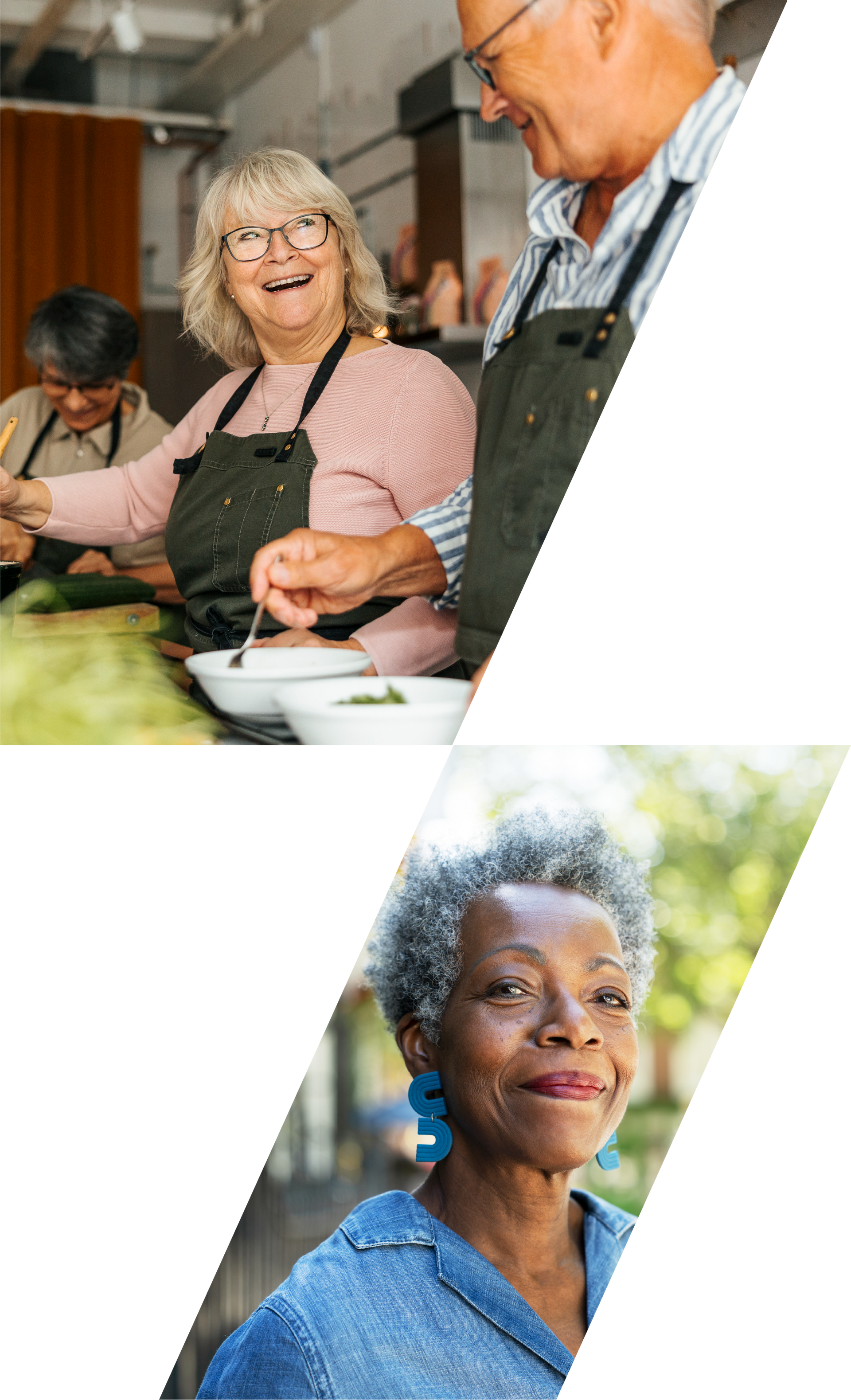 Collage of two images: two older people prepare food, with a portrait of a smiling older woman below
