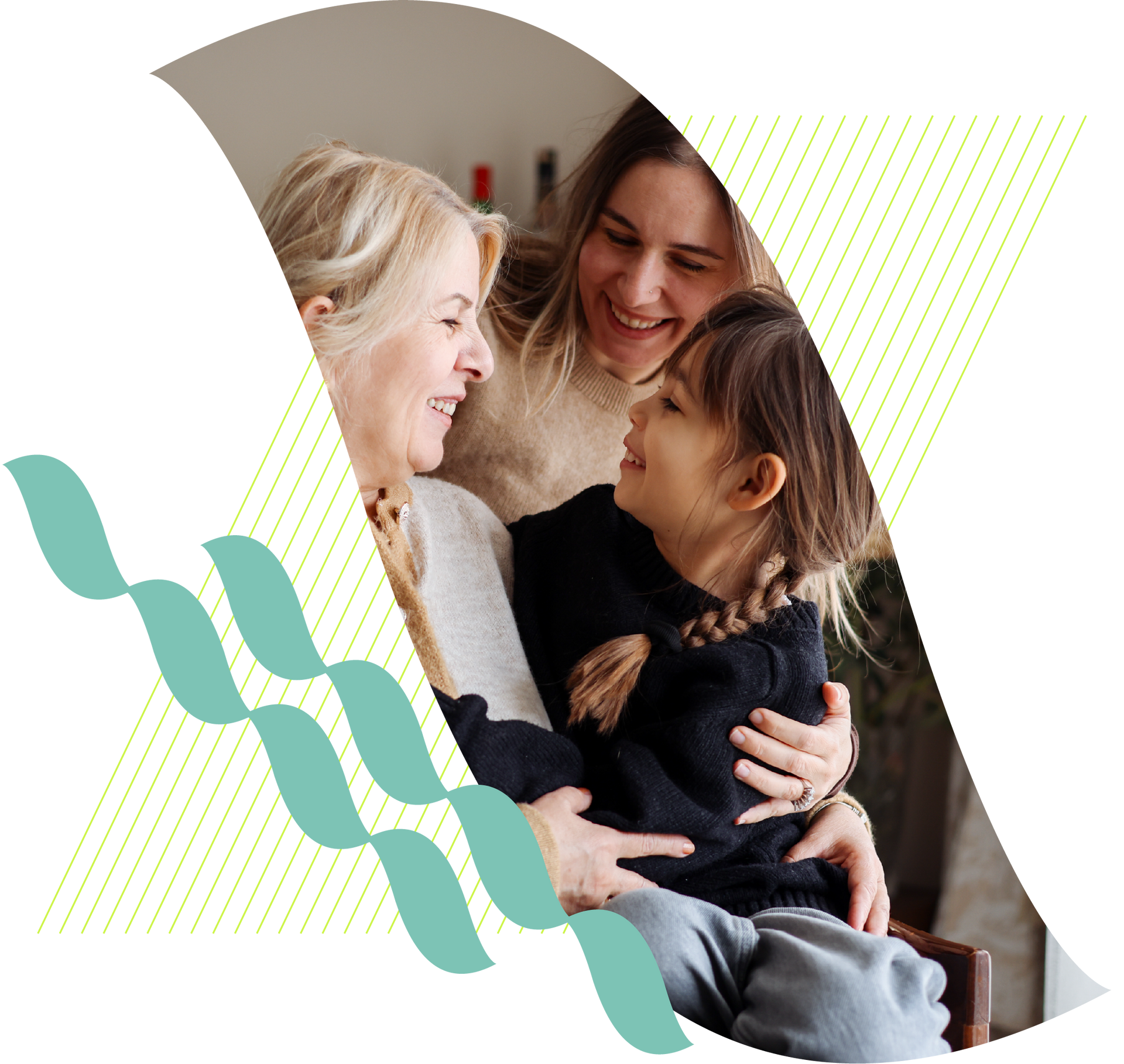 Three generations of women smiling and embracing indoors, with teal wave graphics on the left.