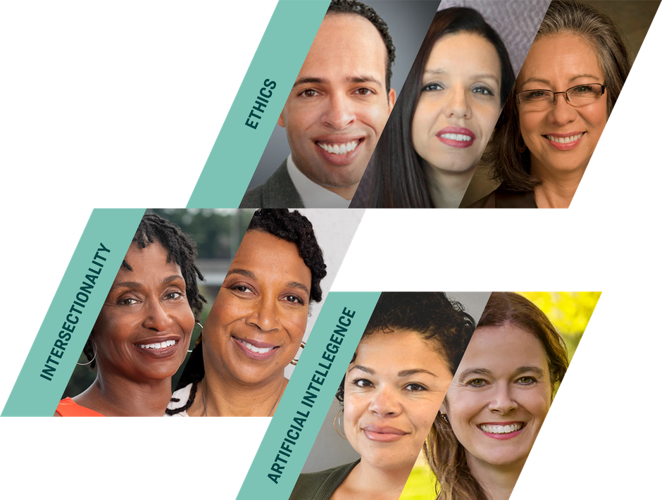 Collage of smiling headshots beside colored banners labeled “Ethics,” “Intersectionality,” and “Artificial Intellegence”