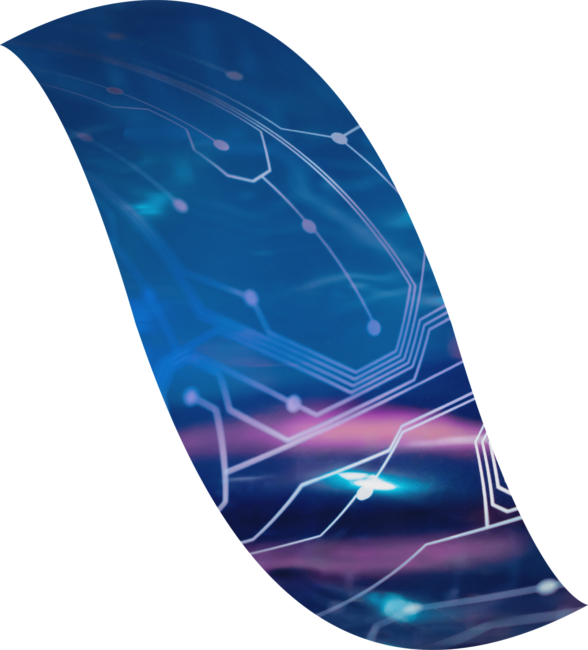 Abstract blue and purple digital circuit design on a curved banner shape