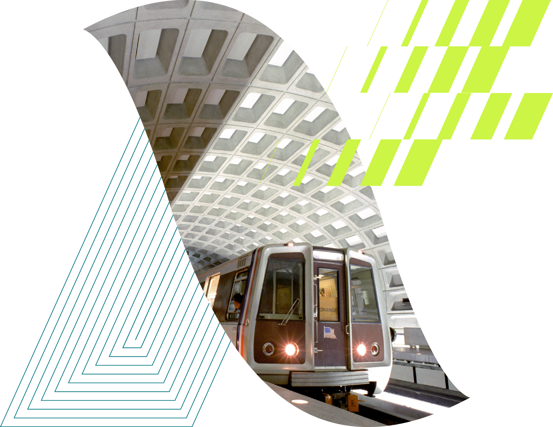 Metro train emerging from a curved station tunnel with geometric white and lime-green graphics