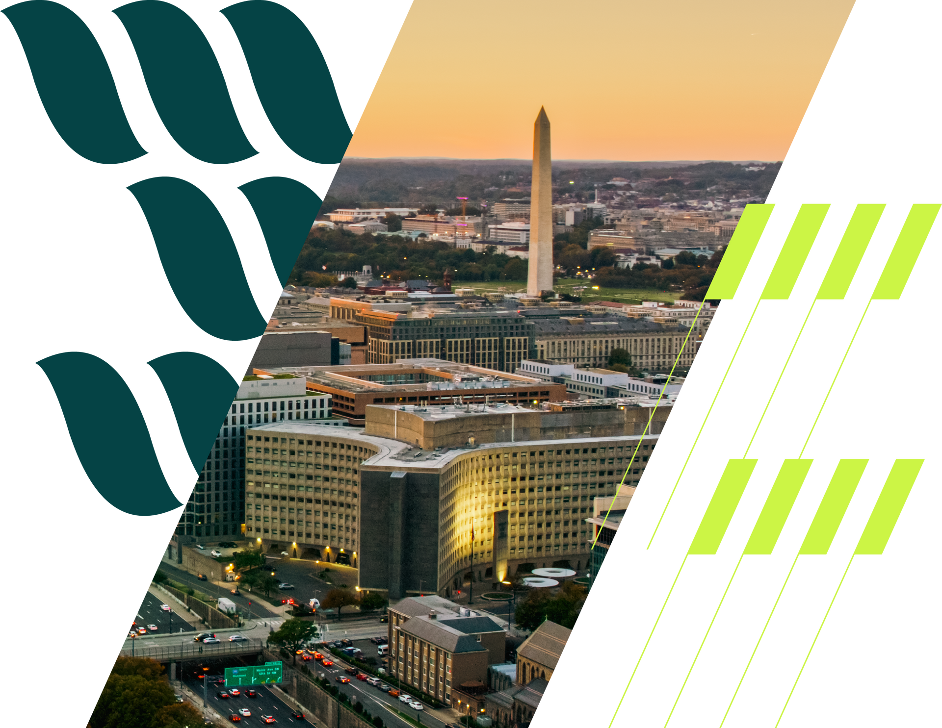 Washington, D.C. skyline with the Washington Monument, framed by teal and lime graphic accents
