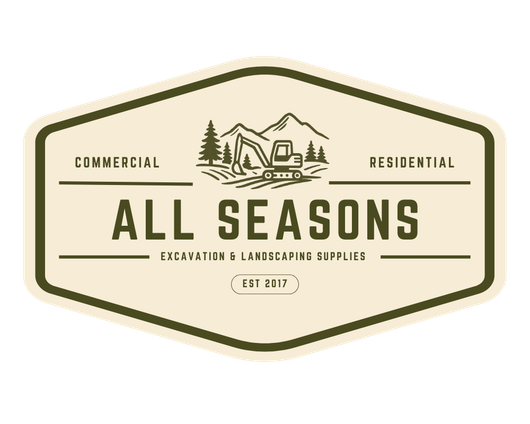 A logo for all seasons landscaping and excavating with a yellow excavator.
