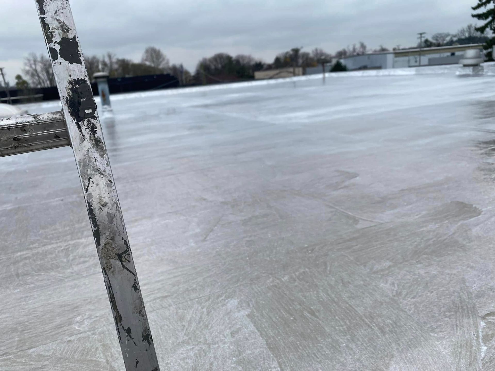 A hockey stick is sitting on top of a frozen rink.