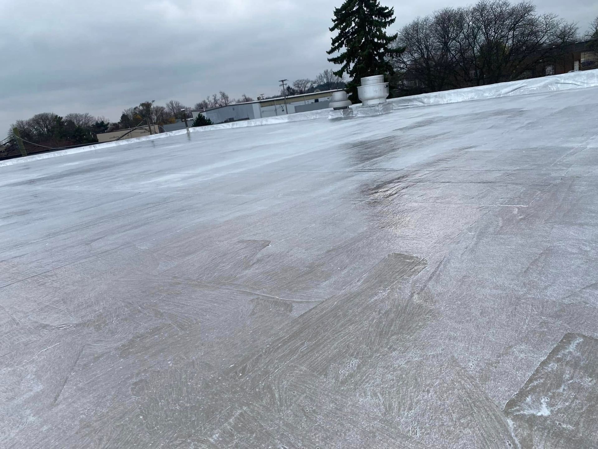 A snowy road with a tree in the background.