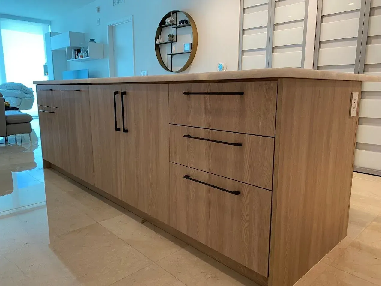 Refaced kitchen cabinets with Island | white with light wood | South Beach, FL