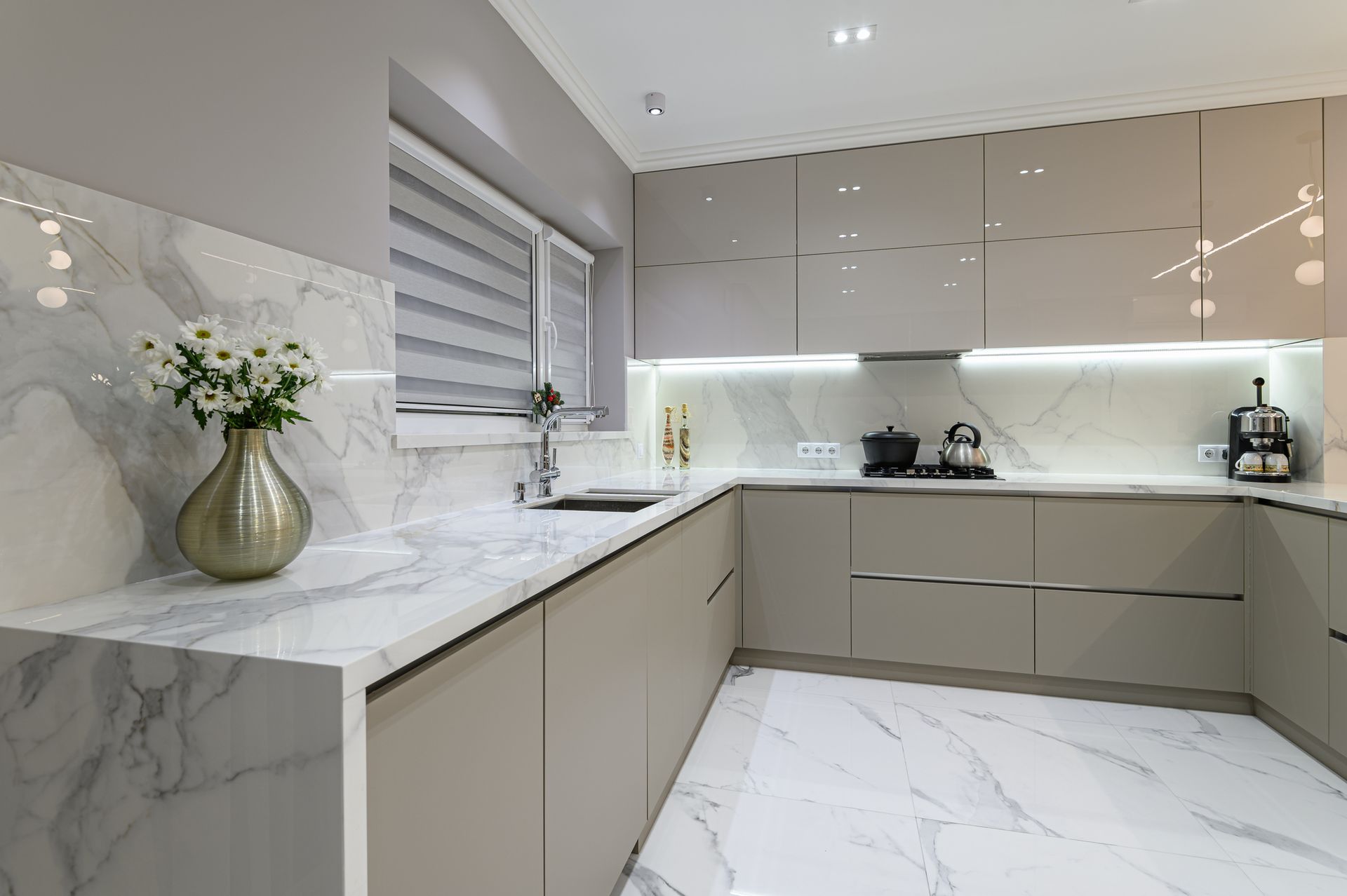 Cabinet Refacing with high gloss cashmere and quartz countertops